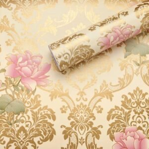 Barebeauty PVC Self-Adhesive Wallpaper | Golden Pink Flower (45L * 300W CM) (Gold Pink)