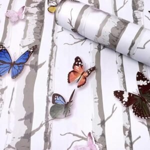 Barebeauty Self-Adhesive Decorative Butterfly Design Wall Paper for Bedroom Living Room Cabinet, Peel and Stick Decorative Sticker Easy to Cut and Apply (45L * 300W CM) (AK 99) (Off White)