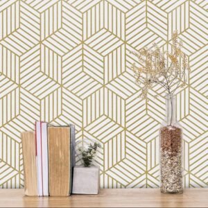 Barebeauty AGold and White Geometric Wallpaper for Walls, Peel and Stick Self Adhesive Wall Stickers for Living Room, Bedroom, Furniture (45L * 300W CM) (White Gold Geometric)