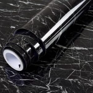 Barebeauty New Vinyl Marble Wallpaper Peel and Stick Waterproof Wallpaper (45L * 300W CM) (Black Marble)