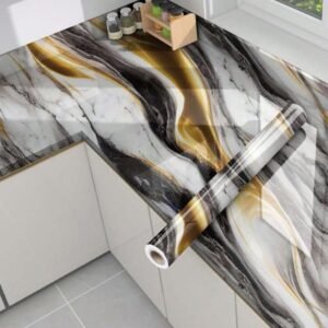 Barebeauty New Vinyl Marble Wallpaper Peel and Stick Waterproof Wallpaper (45L * 300W CM) (DE-LuxuryBlack)