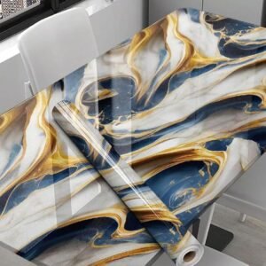 Barebeauty New Vinyl Marble Wallpaper Peel and Stick Waterproof Wallpaper (60L * 200W CM) (DE-goldblue)