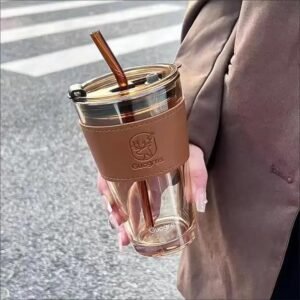 Glass Tumbler with Straw and Leather Sleeve Leak Proof Iced Coffee Cup Travel Water Cup with Lid Double Wall Design for Hot Cold Drinks 750ml Stylish Eco Friendly Mug