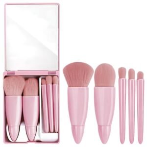 Portable Makeup Brush Set with Storage Case Mirror Soft Synthetic Bristles for Foundation Blush Eyeshadow Blending Travel Friendly Cosmetic Brush Kit