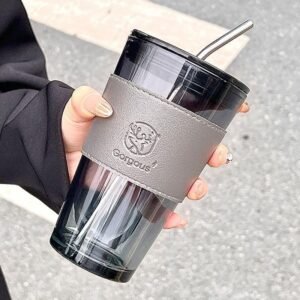 Glass Tumbler with Straw and Leather Sleeve Leak Proof Iced Coffee Cup Travel Water Cup with Lid Double Wall Design for Hot Cold Drinks 750ml Stylish Eco Friendly Mug