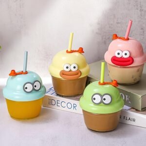 Glass Tumbler with Straw and Funny Cartoon Lid for Kids 210ml Portable Milk Straw Cup Reusable Travel Coffee Sipper Mug for Juice Iced Tea Smoothie Home Travel