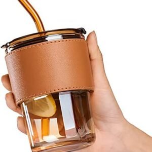 Tumbler with Leather Sleeve and Straw Double Wall Leak Proof Coffee Cup for Hot Cold Beverages Elegant Portable Drinking Cup for Home Office Travel 400 ml