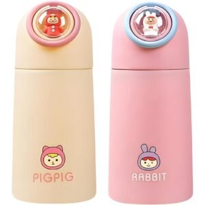 Creative Cartoon Printed Glass Water Bottle for Boys Girls Double Layer Inner Glass Outer Plastic Cute Animal Design Leak Proof Insulated Flask for Kids 360 ML